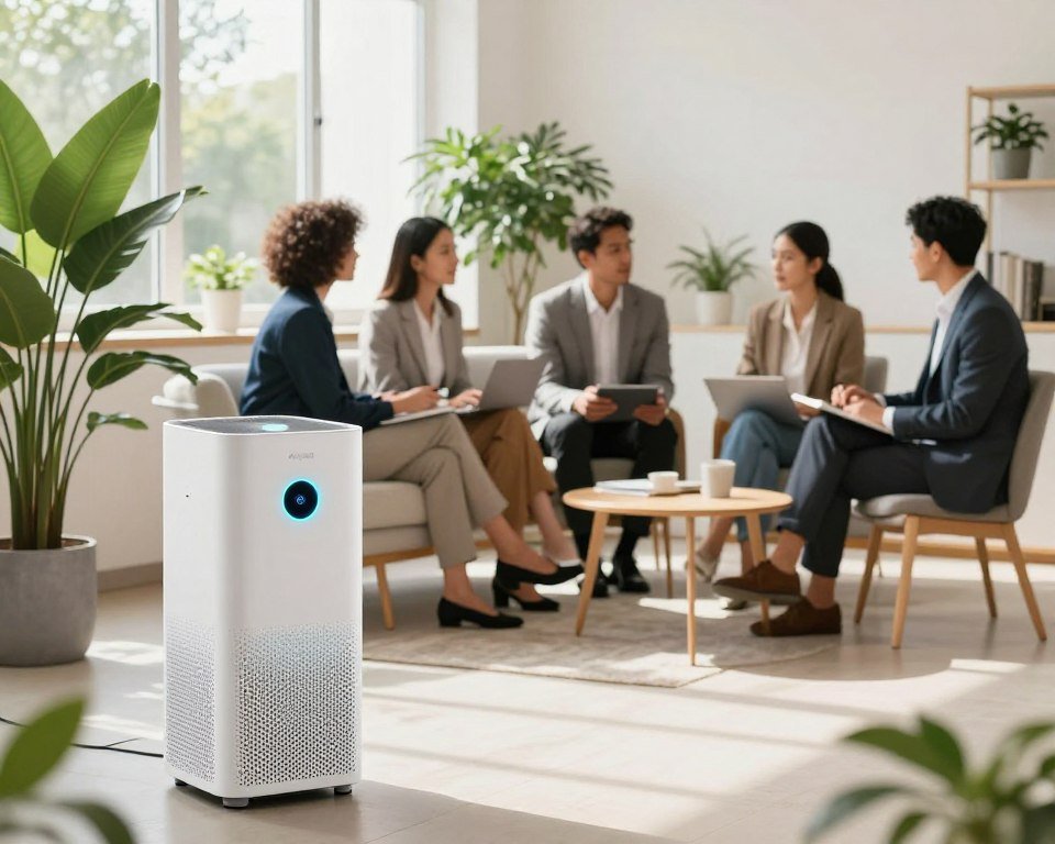 A bright, modern interior space showcasing an air purification system by Airysat. In the foreground, a sleek air purifier emits a soft, soothing glow, symbolizing clean air. In the middle, a diverse group of professionals in business attire are engaged in a discussion, visibly relaxed and focused, surrounded by green plants that enhance the sense of well-being. The background features large windows allowing natural light to filter in, illuminating the room and creating a serene atmosphere. Bright colors emphasize freshness and health, while soft, diffused lighting adds warmth. The overall mood is one of tranquility and productivity, reflecting the benefits of purified air for an indoor environment.
