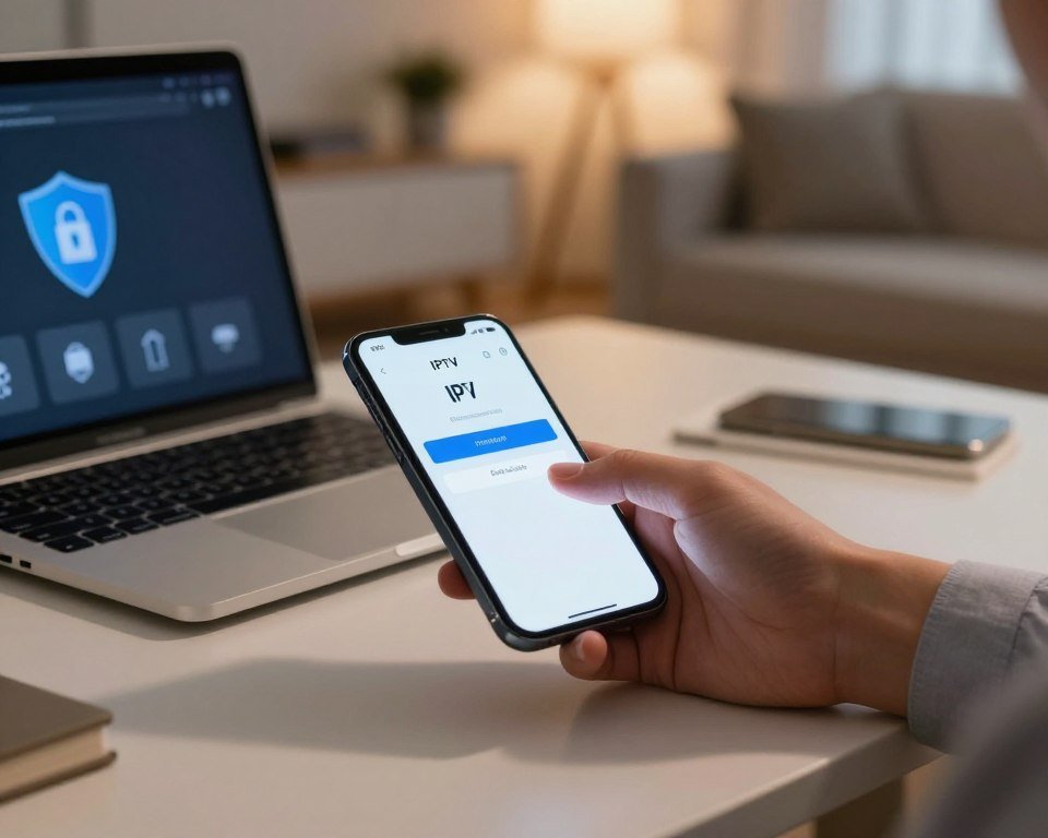 A close-up scene depicting a secure payment activation process for IPTV services. In the foreground, a sleek smartphone displays an active payment confirmation screen, glowing softly in a cozy, modern living room. A person's hand, dressed in a clean, professional sleeve, gently taps the screen, signifying immediate action. In the middle ground, a stylish laptop with security icons visibly open on the desk next to the smartphone enhances the theme of digital safety. The background shows a softly lit room with warm tones, emphasizing a welcoming and secure atmosphere. Ambient lighting creates a calm mood, with a hint of excitement for immediate access to thousands of channels, while shadow play adds depth and intrigue to the scene.
