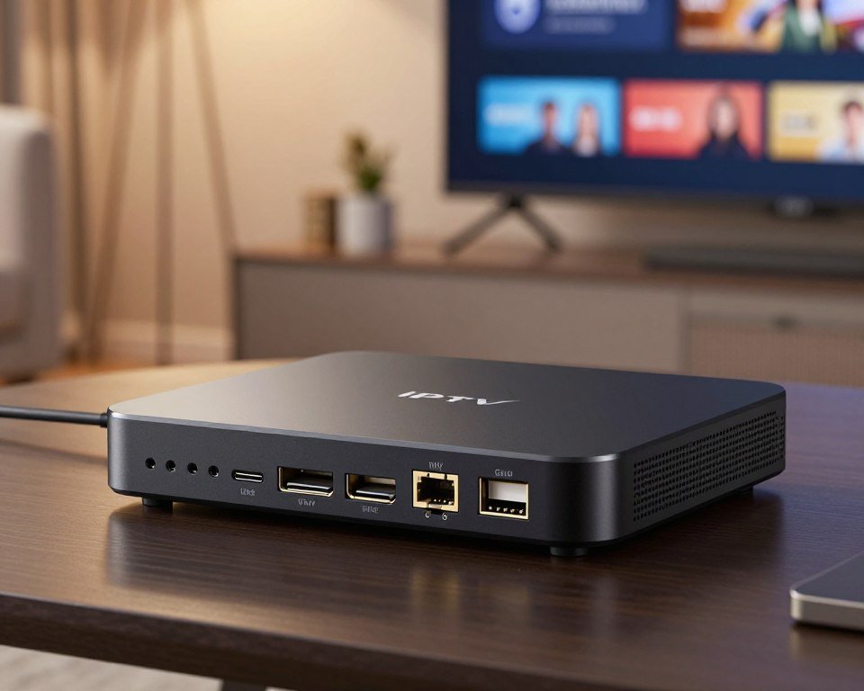A close-up view of an IPTV streaming device showcasing its essential technical features. The foreground should highlight the sleek, modern design of the device with visible ports like HDMI, USB, and Ethernet, emphasizing high-quality materials and finishes. In the middle, include a subtle graphical user interface displayed on a connected TV screen, hinting at its capabilities. The background features a softly blurred contemporary living room setting, illuminated by warm ambient lighting to create a cozy atmosphere. Capture the scene from a slightly elevated angle, using a shallow depth of field to draw attention to the device. The overall mood should convey technological sophistication and convenience, ideal for a tech-focused audience.