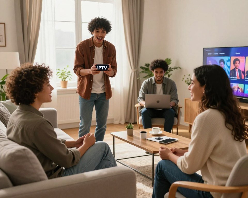 A cozy and inviting living room scene featuring a diverse group of four satisfied customers sharing their positive experiences with IPTV services. In the foreground, show two individuals seated on a comfortable couch, one casually dressed and the other in smart casual attire, both smiling and engaging in conversation. In the middle ground, a third person stands near a stylish coffee table holding a smartphone, showing excitement about the IPTV features, while a fourth person sits at a nearby table working on a laptop, representing modern connectivity. The background reveals a sunlit window with curtains gently flowing, plants adding freshness, and a TV displaying vibrant content. The lighting is warm and inviting, creating an atmosphere of comfort and community. The focus is on the expressions of joy and satisfaction among the customers, conveying a strong sense of user experience.