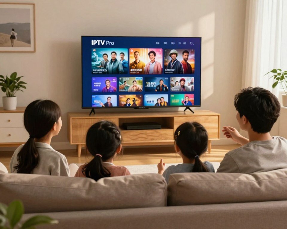 A cozy living room scene showcasing a family enjoying IPTV Pro streaming on a large flat-screen television. In the foreground, a diverse family of four sits comfortably on a plush sofa, dressed in modest casual clothing, engaged in watching their favorite show with smiles and expressions of joy. The middle layer features the television displaying a vibrant streaming interface filled with various show thumbnails. In the background, soft ambient lighting creates a warm atmosphere, with gentle sunlight filtering through sheer curtains, enhancing the homely feel. The room is decorated with personal touches like family photos and plants, adding to the comforting and inviting mood of daily life enhanced by IPTV. The overall composition emphasizes a sense of togetherness and modern entertainment enjoyment.