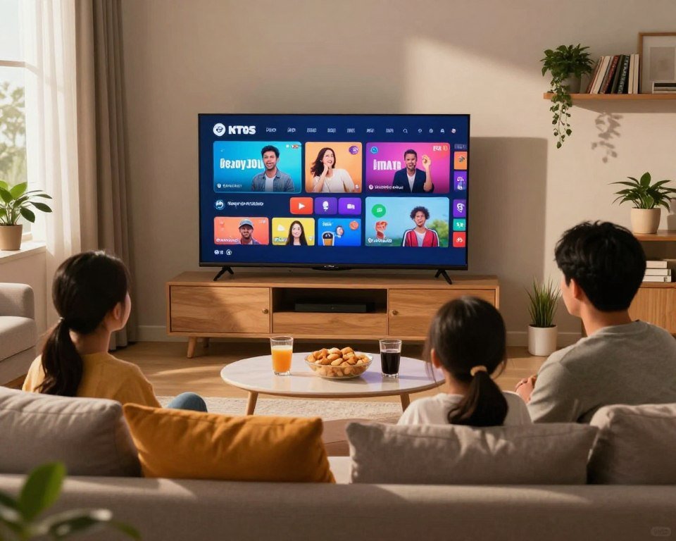 A cozy living room scene showcasing a family gathered around a large flat-screen TV, displaying vibrant, high-definition streaming content. In the foreground, a comfortable sofa is adorned with colorful cushions. A coffee table holds snacks and drinks, emphasizing a casual family movie night. The middle ground features the TV, radiating a bright, clear image, showcasing stunning colors and detail. The background reveals a warm, softly lit room with modern decor, including a shelf with books and plants, creating a welcoming atmosphere. Natural light filters through a nearby window, casting gentle shadows, enhancing the mood of relaxation and enjoyment. The overall scene embodies comfort, togetherness, and the thrill of high-quality streaming entertainment.
