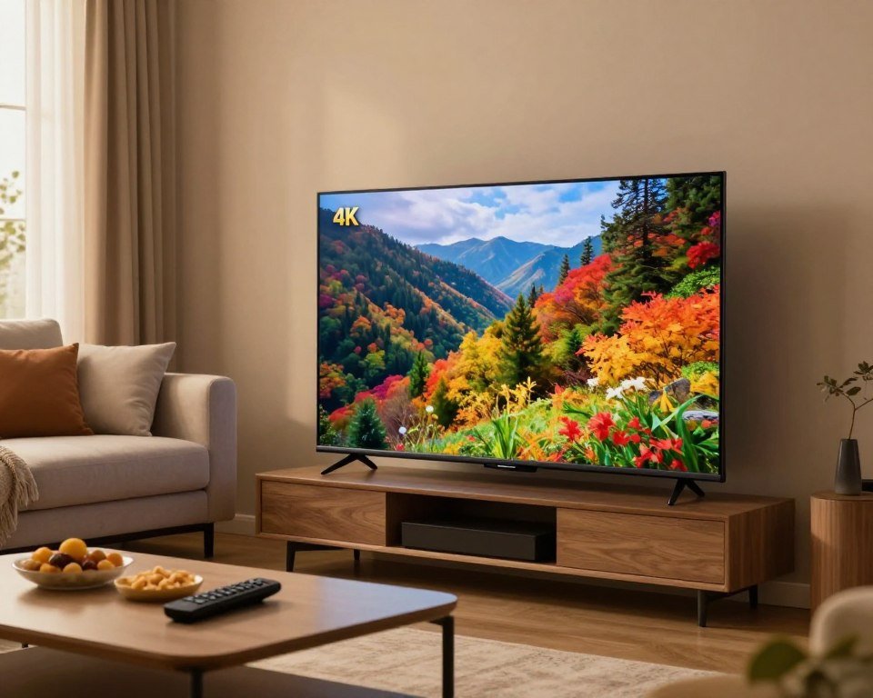 A cozy living room setting featuring a sleek, modern flat-screen TV displaying vibrant 4K visuals of a nature scene with vivid colors. In the foreground, a stylish coffee table with a remote control and snacks invites relaxation. The middle ground showcases a comfortable sofa adorned with plush cushions, hinting at an inviting atmosphere for streaming entertainment. Soft, warm lighting casts a gentle glow over the room, highlighting the clarity of the TV's image. The background reveals a window with curtains slightly drawn, letting in natural light, enhancing the serene ambiance. The overall mood reflects tranquility and enjoyment, emphasizing high-quality streaming experiences in a welcoming home environment.