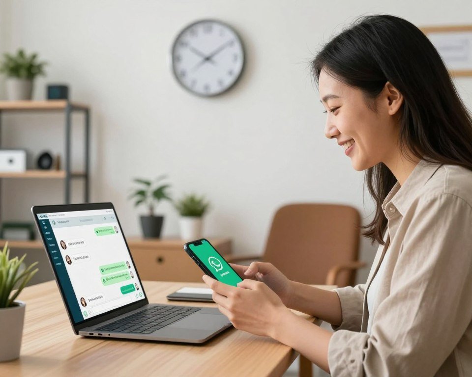 A cozy office setting with a modern touch, featuring a sleek desk with a laptop open to a WhatsApp chat interface displaying customer support interactions. In the foreground, a professional in business casual attire, a cheerful expression on their face, is interacting with a smartphone showing the WhatsApp logo. The middle ground displays a bright wall clock indicating 24/7 availability and subtle plant decorations to create a welcoming atmosphere. The background is softly blurred, hinting at supportive office elements like shelves with technology accessories and a comfortable chair. Warm, natural lighting floods the scene, conjuring an air of approachability and professionalism, ideal for conveying dedicated client support through WhatsApp.
