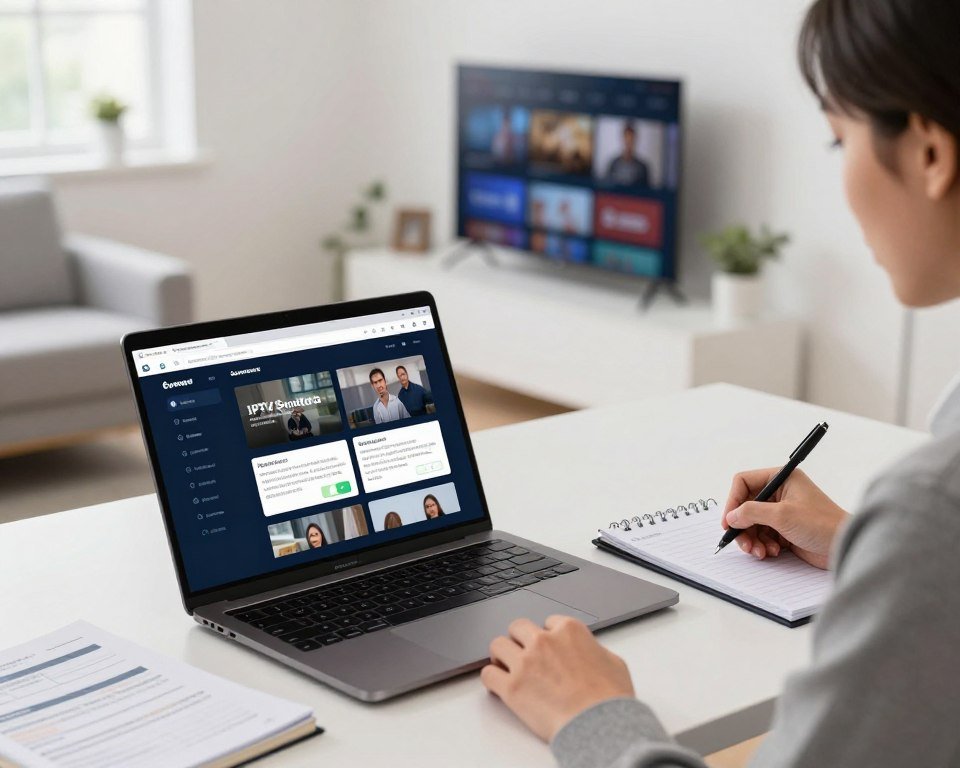 A detailed and organized scene depicting a modern home workspace focused on the installation and configuration of IPTV Smarters. In the foreground, a sleek laptop with the IPTV Smarters interface displayed on the screen, surrounded by notepads and installation guides. In the middle ground, a person dressed in professional business attire, intently studying the screen and taking notes, conveying a mood of concentration. The background features a bright, minimalistic room with a soft-focus interactive TV showing connected streaming services, and a window with natural light pouring in, creating a welcoming atmosphere. The angle should be slightly overhead, highlighting the interplay of technology and user engagement. The lighting should be bright and clear, enhancing the clarity of the workspace.