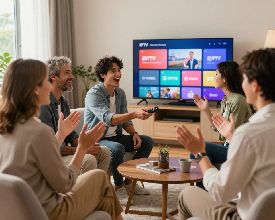 A diverse group of satisfied clients, both men and women of varying ages, sitting in a modern, cozy living room setting, each with smiles of enthusiasm as they share their positive experiences. In the foreground, one client, a middle-aged woman in a smart casual outfit, gestures animatedly while others nod in agreement. In the middle, a young couple, dressed in business casual, excitedly holds a remote control, showcasing a vibrant TV screen in the background displaying a colorful array of channel icons. Soft, warm lighting enhances the friendly atmosphere, with sunlight filtering through large windows. The scene conveys a feeling of joy and satisfaction, embodying the essence of positive customer testimonials about IPTV subscriptions.