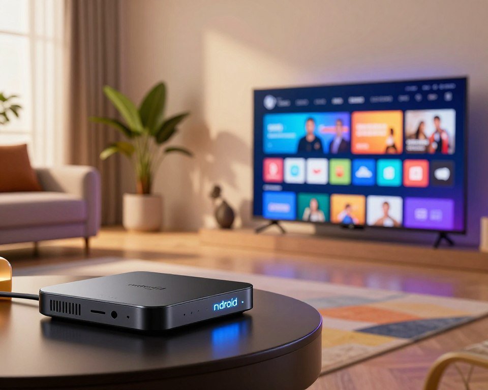 A dynamic comparison scene showcasing an Android IPTV box on one side and a sleek Smart TV on the other. In the foreground, the Android IPTV box is depicted with glowing LED indicators, highlighting its modern design, while the Smart TV displays a vibrant streaming interface with various app icons. In the middle background, a stylish living room setting features plush furniture, a colorful rug, and subtle ambient lighting that casts a warm glow, enhancing the modern technology vibe. A soft-focus effect gradually blends into a tastefully decorated wall with a few decorative plants, creating a cozy atmosphere. The lighting should mimic a bright afternoon, combining natural light from a nearby window with the artificial glow of screens, emphasizing the choice between these two entertainment options.