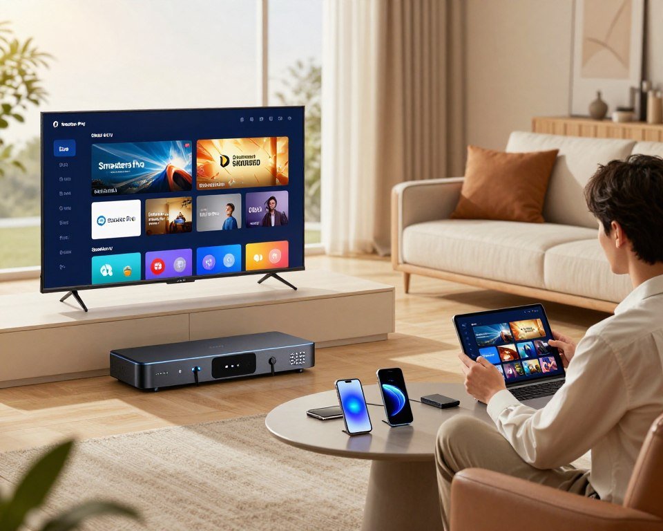 A futuristic living room showcasing the "Smarters Pro" IPTV system. In the foreground, a sleek, modern smart TV displays a vibrant interface with various streaming options. To the left, a stylish smart device hub with glowing indicators is elegantly arranged. The middle ground features a cozy sofa with a tech-savvy person in professional attire, intently using a tablet to navigate content, showcasing connectivity with multiple devices like smartphones and laptops on the coffee table. The background reveals large windows letting in warm, natural light, enhancing the inviting atmosphere. Use a soft focus lens effect to create a welcoming mood, emphasizing the interplay of technology and comfort in home entertainment.
