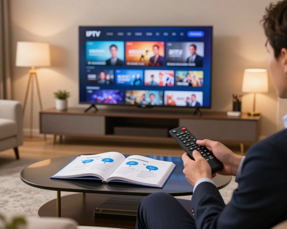 A modern and sleek living room setup with a large flat-screen TV displaying vibrant IPTV content. In the foreground, a professional individual, dressed in smart business attire, is holding a remote control, ready to activate the service. The middle layer features an illuminated installation guide open on a stylish coffee table, showing an easy step-by-step process for setup. Background elements include soft lighting from elegant lamps and a cozy seating area, creating a warm and inviting atmosphere. The image captures a sense of efficiency and excitement, emphasizing rapid installation and activation of IPTV services. Use a warm color palette with even lighting to create focus and clarity, ensuring all elements are well-defined and visually appealing.