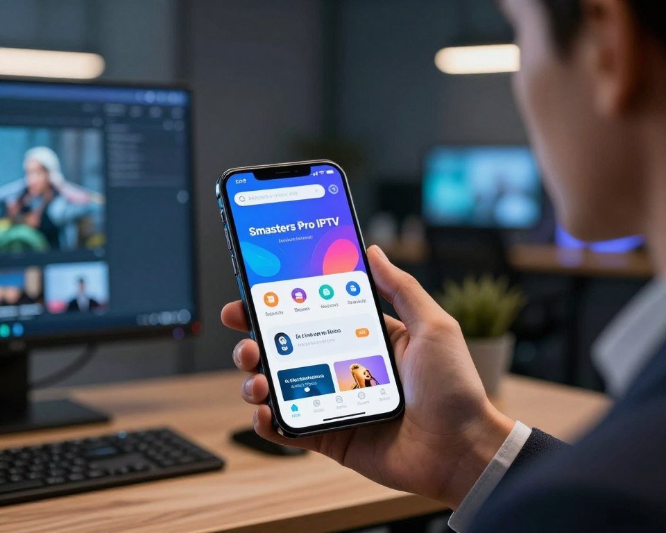 A modern and sleek smartphone displaying the Smarters Pro IPTV application interface, with vibrant graphics showcasing its latest features and updates. In the foreground, the smartphone is held by a professional individual dressed in business attire, demonstrating the app's user-friendly design. The middle ground features a blurred background of a contemporary office space, filled with tech gadgets and dim ambient lighting that creates a sophisticated atmosphere. Bright accents from the phone screen illuminate the individual’s face, highlighting their engagement with the application. The image conveys a sense of innovation and professionalism, capturing the essence of technological evolution in IPTV applications.