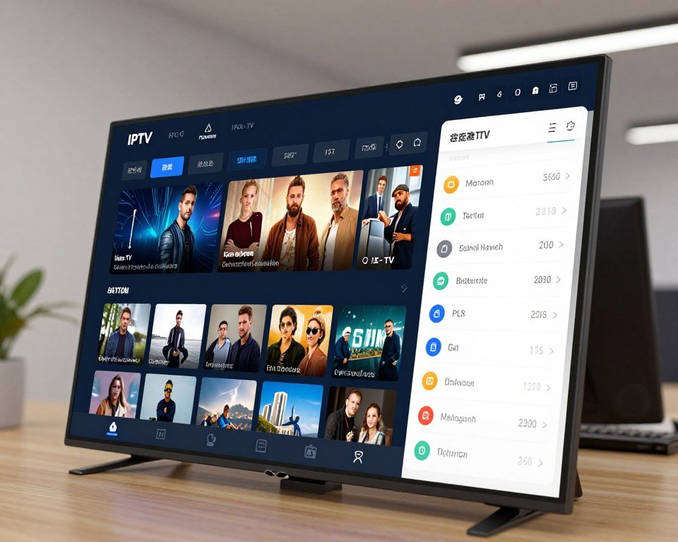 A modern application interface for an IPTV service, showcasing features and functionalities in a sleek, digital environment. In the foreground, display a high-resolution screen with vibrant channel thumbnails and user-friendly navigation menus. In the middle, incorporate a stylized dashboard with interactive elements like live TV, on-demand content, and customizable settings. The background should feature a minimalistic office space with soft ambient lighting, hinting at a comfortable viewing experience. The lens should capture a slight angle to emphasize depth, with a focus on the clarity and usability of the interface. The overall mood is sleek and innovative, reflecting the advanced technology behind modern IPTV subscriptions.
