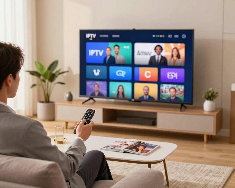 A modern digital living room setting, showcasing a sleek smart TV displaying an IPTV interface with vibrant icons. In the foreground, a professional individual in business attire is seated comfortably on a stylish couch, attentively browsing content on a remote control. The middle ground features subtle decorative elements, like a potted plant and a minimalist coffee table with a couple of magazines. In the background, a large window lets in warm, natural light, creating a cozy atmosphere. The scene conveys a sense of technology and legal compliance, with an emphasis on responsible viewing practices. Use a warm color palette and a slightly shallow depth of field to focus on the individual and the TV, enhancing the sense of engagement and sophistication in the experience.