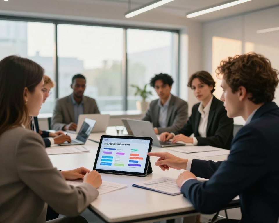 A modern, elegant workspace showcasing a diverse group of individuals in professional attire discussing flexible subscription plans for IPTV services. In the foreground, a woman pointing at a digital tablet displaying colorful graphs representing various subscription options. The middle features a sleek conference table with documents and devices highlighting IPTV plans. In the background, large windows let in warm natural light, creating an inviting atmosphere. Soft shadows cast by overhead recessed lighting enhance focus on the discussions. The overall mood is collaborative and dynamic, emphasizing choices and flexibility. The scene is busy yet organized, capturing the essence of informed decision-making in a technology-driven environment.