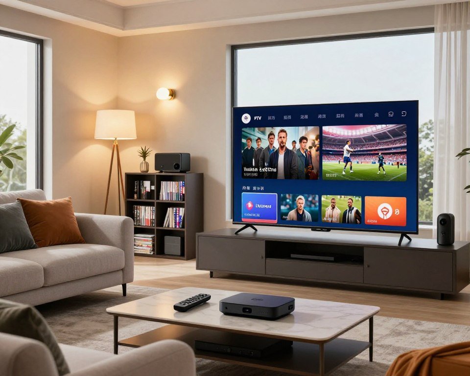 A modern, high-quality living room with a large flat-screen television displaying vibrant streaming content, showcasing movies and sports. In the foreground, a smart coffee table holds a remote control and various streaming devices, while a cozy sofa with stylish cushions invites relaxation. The middle ground features a sleek bookshelf filled with DVDs and tech gadgets. Soft, warm lighting emanates from elegant floor lamps and wall sconces, creating a welcoming ambiance. The background reveals large windows with natural light pouring in, enhancing the atmosphere of comfort. The scene embodies the advantages of high-quality IPTV subscription, promoting a sense of enjoyment and entertainment at home.