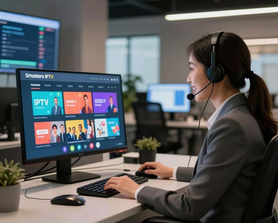 A modern, high-tech customer support scene illustrating reactive IPTV assistance. In the foreground, a professional customer service representative in business attire sits at a sleek, ergonomic workstation, engaged in a video call, showcasing a friendly and helpful demeanor. The middle ground features a large monitor displaying the Smarters IPTV interface, vibrant with colorful channel options. In the background, a softly illuminated office environment with digital screens showing technical support information, and a cozy ambiance. Use soft ambient lighting to create a welcoming atmosphere, with a slight bokeh effect for depth. The perspective should be slightly angled to emphasize interaction and technology, suggesting efficiency and reliability in IPTV support.