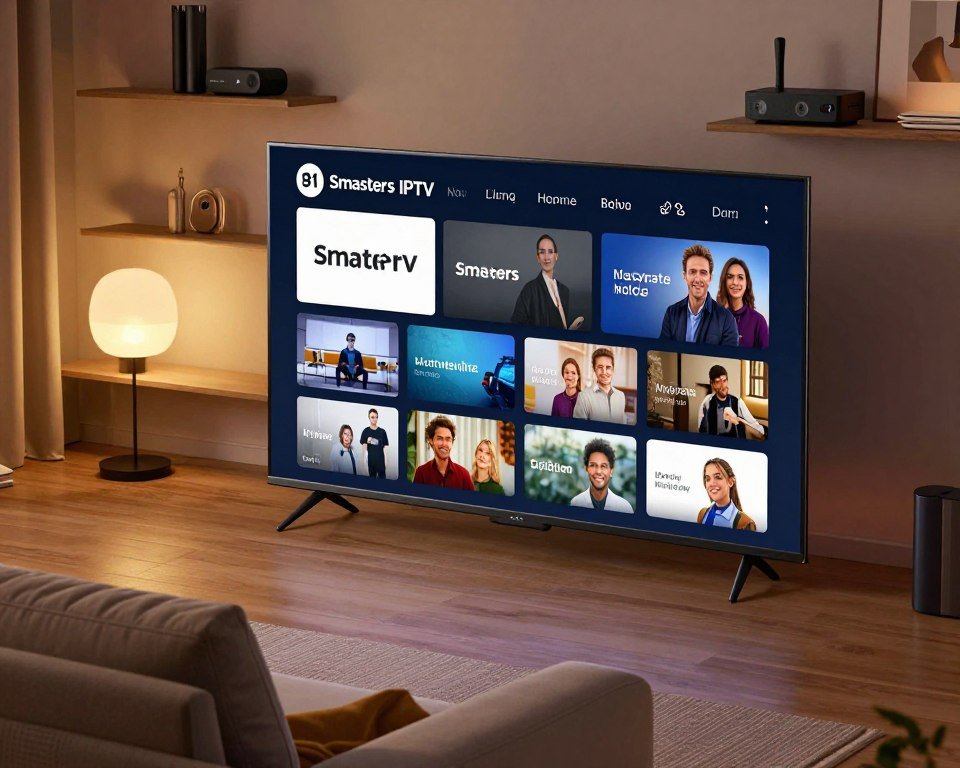 A modern home entertainment setup featuring a sleek, high-definition television displaying the Smarters IPTV interface with advanced features highlighted. In the foreground, a cozy living room ambiance with a stylish sofa and ambient lighting that enhances the tech-themed environment. In the middle, a close-up of the TV screen showcasing customizable options like a user-friendly guide, channel lists, and multi-device connectivity. In the background, soft-focus shelves with high-tech gadgets and streaming devices. The lighting is warm and inviting, creating a relaxed atmosphere perfect for a home viewing experience. Use a slightly elevated angle to capture both the television and the inviting setting, emphasizing a sense of comfort and modern technology.