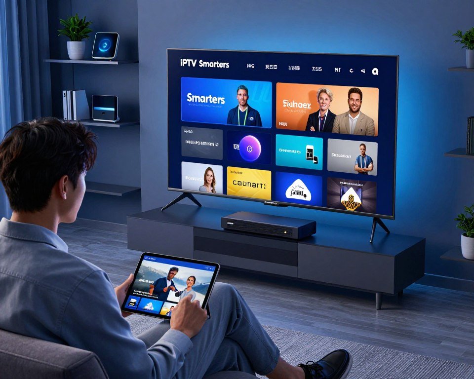 A modern living room featuring a sleek, futuristic television displaying an IPTV Smarters interface, vividly showcasing streaming options and an interactive user experience. In the foreground, a professional business person in smart casual attire, intently reviewing content on a tablet. The middle ground highlights the console and streaming device connected to the TV, accentuated by soft bluish lighting that creates a high-tech atmosphere. In the background, tastefully decorated shelves with digital gadgets and plants enhance the modern aesthetic. The scene is captured from a slightly elevated angle, emphasizing the seamless integration of technology into everyday life. The overall mood is inspiring and innovative, inviting viewers into the future of smart television experiences.