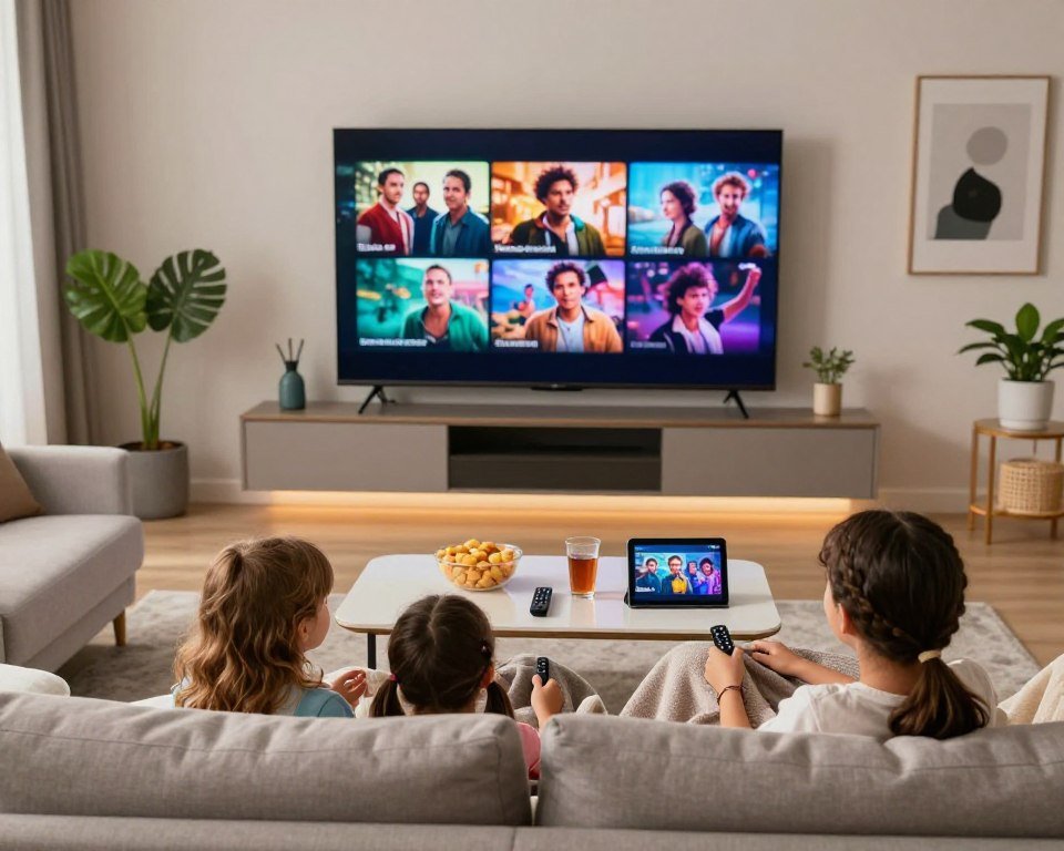 A modern living room scene featuring a family enjoying a movie night, with a large screen displaying vibrant film visuals. The foreground shows a cozy sofa with a couple of children snuggled in blankets, their expressions filled with joy. In the middle, a sleek coffee table holds snacks and drinks, while a high-tech remote and tablet hint at smart features. The background features a wall-mounted television and soft ambient lighting creating a warm atmosphere. The decor is contemporary with touches of greenery and modern art, evoking a sense of comfort and innovation. The overall mood is relaxed and engaging, reflecting the theme of optimizing viewership for films, series, and live broadcasts. Capture this using bright, inviting colors, soft focus, and a wide-angle perspective to enhance the welcoming ambiance.