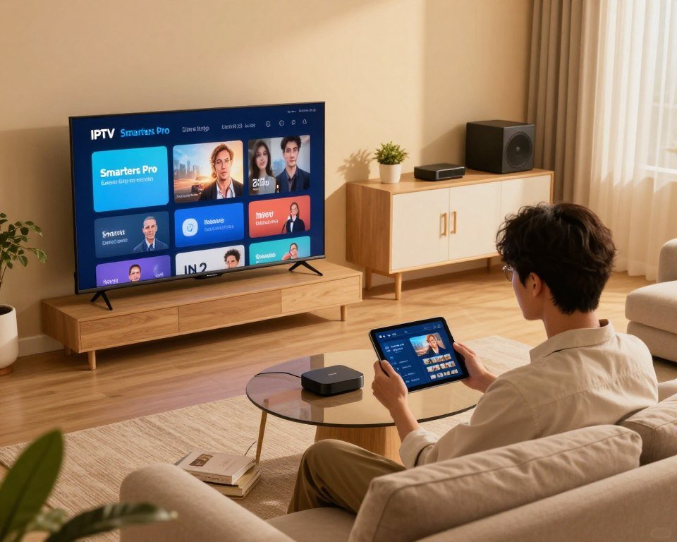 A modern living room scene illuminated by warm, ambient lighting. In the foreground, a sleek, contemporary TV with a crystal-clear streaming interface showcasing IPTV Smarters Pro, surrounded by a cozy sofa and subtle decorative elements like plants and books. In the middle, a professional-looking person dressed in smart casual attire is troubleshooting a streaming device, focusing intently on their tablet. The background features a stylish entertainment unit with neatly arranged tech gadgets, adding depth to the scene. The atmosphere exudes a sense of comfort and efficiency, inviting viewers to visualize seamless streaming experiences. The angle of the shot is slightly above eye level, capturing both the main subject and the tech-savvy environment effectively.