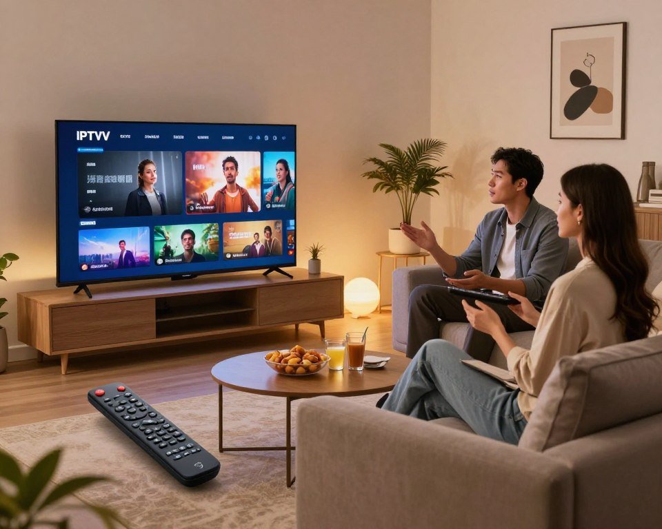 A modern living room scene showcasing the functionality of IPTV services. In the foreground, a large flat-screen TV displays vibrant streaming content with a sleek remote control nearby. A professional couple, dressed in smart casual attire, sits comfortably on a stylish couch, engaged in a discussion about their viewing options. In the middle ground, a cozy coffee table holds snacks and drinks, enhancing the relaxed atmosphere. The background features soft, ambient lighting that gives a warm, inviting glow to the space, with subtle decorative elements like houseplants and modern art on the walls. The overall mood is one of comfort, modernity, and enjoyment of quality entertainment at home.
