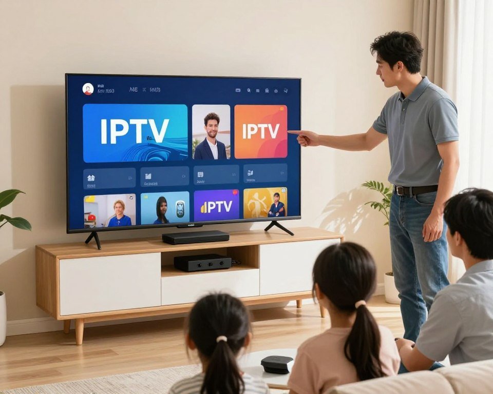 A modern living room setting featuring a sleek, flat-screen television displaying a vibrant IPTV interface. In the foreground, a confident technician wearing smart casual attire, such as a polo shirt and jeans, is demonstrating the installation process of IPTV equipment to an attentive family. In the middle ground, there's a stylish entertainment console with various devices neatly organized, showcasing clarity and efficiency. The background conveys a warm, inviting atmosphere with soft, natural lighting streaming through a window, accentuating a cozy vibe. The image showcases the essence of seamless installation and responsive technical assistance while focusing on a family enjoying their new entertainment service experience. No text or watermarks included.