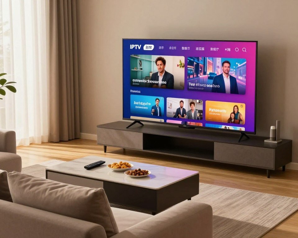 A modern living room setting showcasing a large flat-screen television displaying vibrant IPTV content. In the foreground, a comfortable sofa with plush cushions invites viewers to relax. The middle ground features a sleek, contemporary coffee table with a remote control and snacks, illustrating a cozy viewing experience. In the background, a window with sheer curtains lets in warm, natural light, creating an inviting atmosphere. Soft, diffused lighting enhances the colors on the screen, highlighting the high quality of the streamed content. The overall mood is warm and engaging, emphasizing the enjoyment of IPTV subscriptions in a stylish home environment. The composition should be viewed from a slightly elevated angle, allowing the entire scene to be captured effectively.