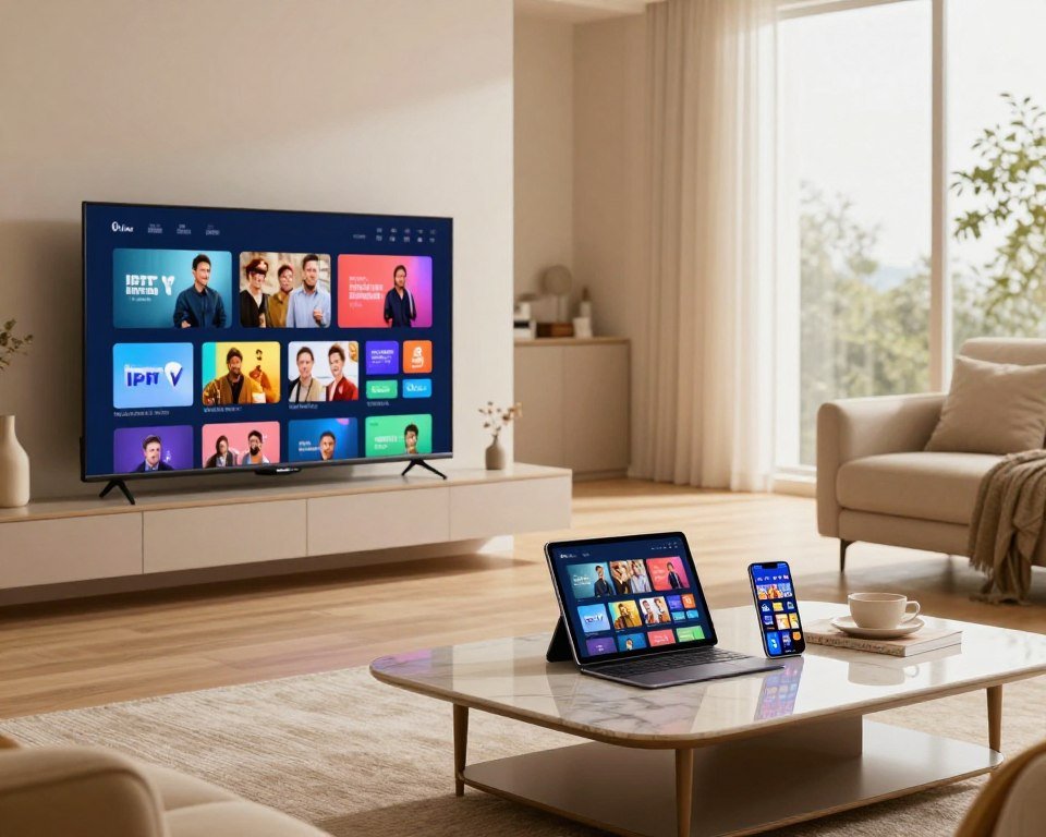 A modern living room setting showcasing multiple devices streaming IPTV content. In the foreground, a sleek smart TV displays a vibrant interface with channels and shows. Next to it, a tablet and a smartphone are placed on a stylish coffee table, both featuring the IPTV app's interface. The middle ground features comfortable seating, elegantly arranged to invite viewers to enjoy their entertainment. In the background, soft, natural light streams through large windows, enhancing the warm and cozy atmosphere. The image captures a sense of convenience and contemporary lifestyle, emphasizing the idea of multi-device compatibility in an elegant environment. The use of a wide-angle lens accentuates the space, creating a welcoming mood ideal for family viewing.