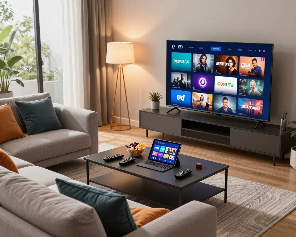 A modern living room setup featuring a sleek, ultra-high-definition television displaying various IPTV interfaces for alternative applications. In the foreground, a comfortable sofa with an array of colorful cushions invites relaxation. The middle ground showcases a stylish coffee table cluttered with remote controls, snacks, and a tablet that displays IPTV app logos. The background includes a cozy ambiance with soft, warm lighting emanating from strategically placed lamps, creating an inviting atmosphere. Large windows let in natural light, illuminating the room's contemporary decor. The scene is captured from a slightly elevated angle, highlighting the interactive elements of IPTV while evoking a sense of comfort and modern technology integration. The mood is relaxed yet engaging, ideal for enjoying diverse streaming content alternatives.