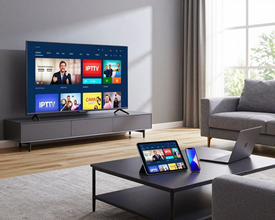 A modern living room setup showcasing compatibility across various devices for IPTV. In the foreground, a sleek, large flat-screen TV displays vibrant streaming content, surrounded by a stylish coffee table with a tablet and smartphone, both reflecting the IPTV interface. In the middle, a cozy couch faces the TV, while a laptop is open on the side, illustrating ease of access. The background features a bright window with natural light filtering in, illuminating the room with a warm, inviting atmosphere. Soft shadows enhance the contemporary decor, which includes a tasteful color palette of grays and blues. The mood is friendly and relaxed, perfect for family or friends enjoying quality entertainment seamlessly across devices.