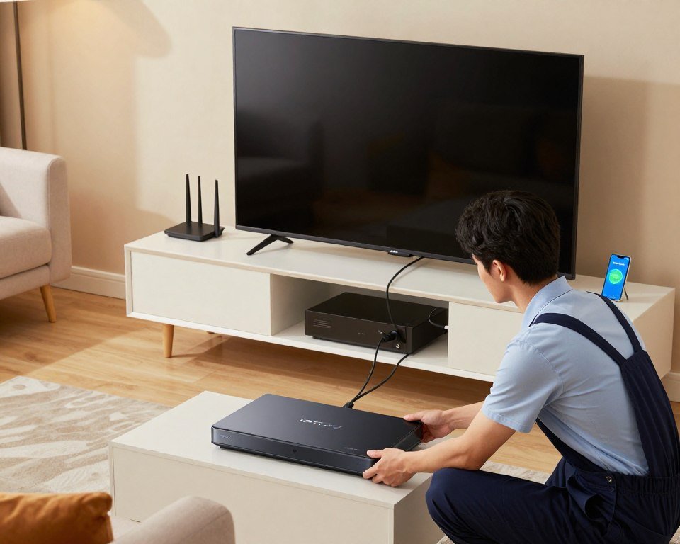 A modern living room setup showcasing the installation of an IPTV system. In the foreground, a technician dressed in professional attire is configuring a sleek, high-tech IPTV box connected to a large flat-screen TV. The middle ground features a tidy entertainment center with various electronic devices, including a router, cables neatly arranged, and a smartphone displaying the Airysat app. The background depicts a cozy living space with a stylish sofa, light-colored walls, and soft ambient lighting that creates a warm atmosphere. Use a well-lit scene captured from a slightly elevated angle, emphasizing the focus on the IPTV configuration process, highlighting the balance between technology and comfort in an inviting home environment.