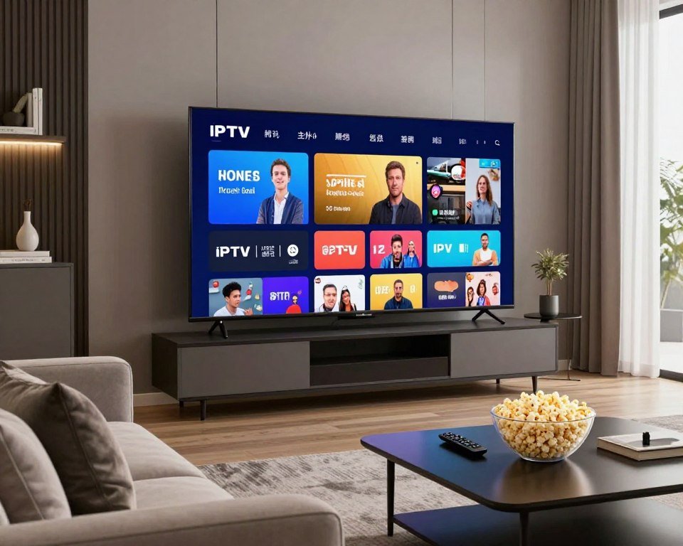 A modern living room showcasing a stylish television prominently displaying high-definition IPTV streaming. In the foreground, a comfortable sofa with elegant pillows invites relaxation, while a sleek coffee table holds a remote control and a bowl of popcorn. The middle ground features the glowing screen radiating vibrant colors from various IPTV channels, illustrating the diversity of content available. The background includes tasteful decor, soft lighting that creates a cozy and inviting atmosphere, and a window partially open to let in natural light. The scene conveys the ease and comfort of enjoying premium streaming from home, emphasizing the enticing benefits of IPTV subscriptions.