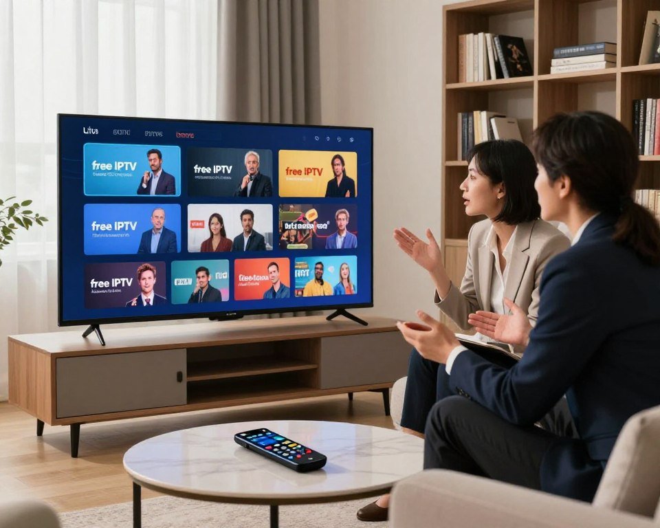 A modern living room with a large flat-screen TV displaying various IPTV streaming interfaces, showcasing icons of popular channels and services. In the foreground, a stylish coffee table is adorned with a remote control and a smartphone displaying an IPTV app. Two people in professional attire, a man and a woman, sit on a comfortable sofa, engaged in an animated discussion about the benefits of free IPTV. Soft natural lighting from a window creates a warm and inviting atmosphere. In the background, a bookshelf filled with technology and entertainment-related books enhances the theme. The scene conveys a sense of excitement and accessibility, reflecting the advantages and best practices of utilizing free IPTV services.