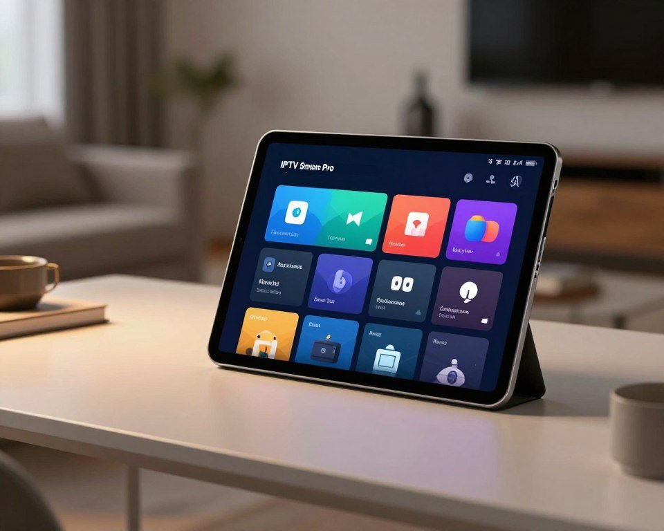 A modern, sleek navigation interface for IPTV Smarters Pro, displayed prominently in the foreground. The screen showcases a rich user interface with customizable options, including vibrant icons and intuitive menus. In the middle ground, a stylishly designed tablet rests on a clean, minimalist desk, with a soft, ambient light illuminating the scene, creating a warm atmosphere. The background features a blurred modern living room setting, enhancing the focus on the interface. The image incorporates a shallow depth of field to draw attention to the tablet's screen. The overall mood is sophisticated and user-friendly, inviting viewers to explore a seamless TV experience.