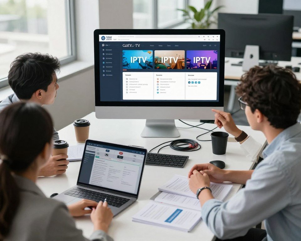 A modern, sleek office environment with a large computer screen displaying the interface of an IPTV installation and configuration application. In the foreground, a diverse group of three professionals—a man and two women—are engaged in a collaborative discussion, wearing smart casual attire. The middle ground features a well-organized workspace with tools like a laptop, user manuals, and cables neatly arranged. To the background, soft natural light filters through large windows, creating a bright and welcoming atmosphere. The camera angle is slightly above eye-level, capturing the expressions of concentration and teamwork. The overall mood is focused and productive, emphasizing a clear, tech-driven guide installation theme.