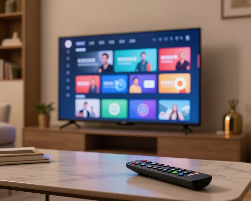 A modern, user-friendly IPTV interface displayed prominently on a sleek, high-definition television screen in a cozy living room setting. The foreground features a remote control resting on a stylish coffee table, showcasing buttons that highlight navigation and user options. In the middle ground, the vibrant interface displays streaming options with eye-catching icons and a clean layout, illuminated by soft, warm ambient lighting to create a welcoming atmosphere. The background captures a tastefully decorated room with subtle decor elements, such as a bookshelf and an elegantly arranged sofa. The lighting emphasizes the sharpness and clarity of the image quality, reflecting an immersive viewing experience. The mood is inviting and modern, ideal for showcasing an advanced IPTV interface.