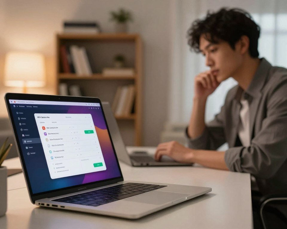 A modern workspace featuring a laptop displaying a user-friendly interface for configuring M3U and JSON account settings in IPTV Smarters Pro. The foreground includes a close-up of the laptop screen, showing colorful visual elements like dropdown menus and integration options. In the middle, a professional, focused individual in business attire is sitting at a sleek desk, intently navigating the software with a thoughtful expression. The background is softly blurred to highlight the workspace, featuring a stylish bookshelf and ambient lighting, creating a calm and productive atmosphere. The scene is illuminated with warm tones, evoking a sense of innovation and efficiency in tech setup. The angle captures the depth of the workspace while centering on the laptop interface.
