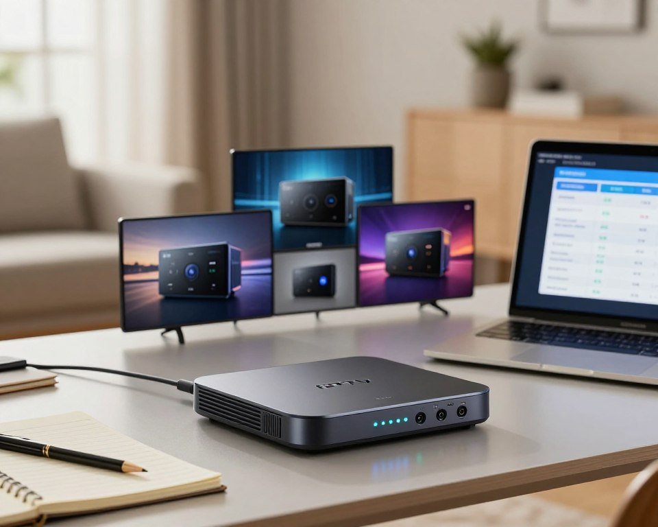 A modern workspace featuring a stylish IPTV set-top box on a sleek desk. In the foreground, the IPTV box is elegantly designed, showcasing LED indicators and ports for various connections. Surrounding it are notepads and a laptop displaying a comparison chart of IPTV features. In the middle ground, there are a few high-resolution images of different IPTV models elegantly arranged, highlighting their design and specifications. The background includes a subtle blurred view of a contemporary living room, suggesting the device's use in home entertainment. Soft natural light filters through a window, creating a warm and inviting atmosphere. The scene should evoke a sense of professionalism and clarity, reflecting the informed choice consumers can make when selecting an IPTV box.