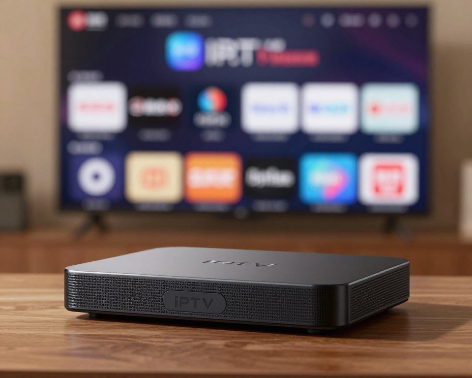 A premium IPTV streaming box showcased prominently in the foreground, featuring sleek lines and a modern aesthetic, with textured surfaces that suggest high-quality materials. In the middle, blurred outlines of various well-known streaming brands' logos, subtly indicating their prominence in the market. The background is softly lit with warm tones to create a sophisticated atmosphere, suggesting a tech-savvy environment, possibly a stylish living room or home entertainment setup. Use a slight vignette effect to focus on the box, and capture the scene with a soft-focus depth to lend a professional look. The overall mood is contemporary and inviting, perfect for illustrating a discussion on leading brands in IPTV technology.