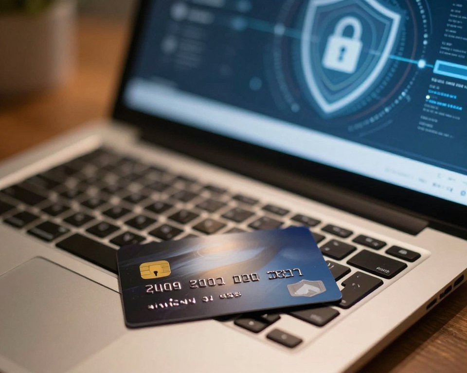 A professional and secure digital payment environment, showcasing a sleek credit card resting on a laptop keyboard. In the foreground, sharp focus on the credit card, reflecting security symbols like a padlock and shield engraved on its surface. The middle ground features a workspace with a modern laptop displaying a payment interface, illuminated by soft, warm lighting to create a sense of comfort and trust. The background has a blurred image of a data security shield with abstract digital patterns, symbolizing confidentiality and protection. The overall atmosphere is reassuring and professional, evoking feelings of safety and reliability in online transactions. The image is captured from a slight overhead angle, enhancing the sense of innovation and modernity.