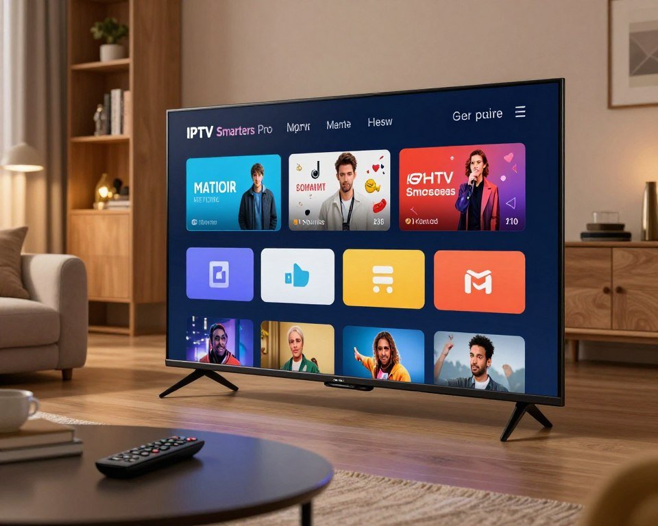A sleek and modern IPTV Smarters Pro interface displayed on a high-resolution smart TV in a contemporary living room setting. The foreground features a user navigating the customizable interface with smooth, intuitive icons showcasing various streaming options. The middle ground includes plush furniture, a coffee table with a remote control, and ambient lighting creating a cozy atmosphere. The background reveals a stylish bookshelf with decorative items, enhancing the sense of a smart home environment. Soft, warm lighting highlights the screen, reflecting the vibrancy of digital content. The camera angle is slightly downward, focusing on the screen while capturing the inviting ambiance of the space, conveying a mood of comfort and technological ease.