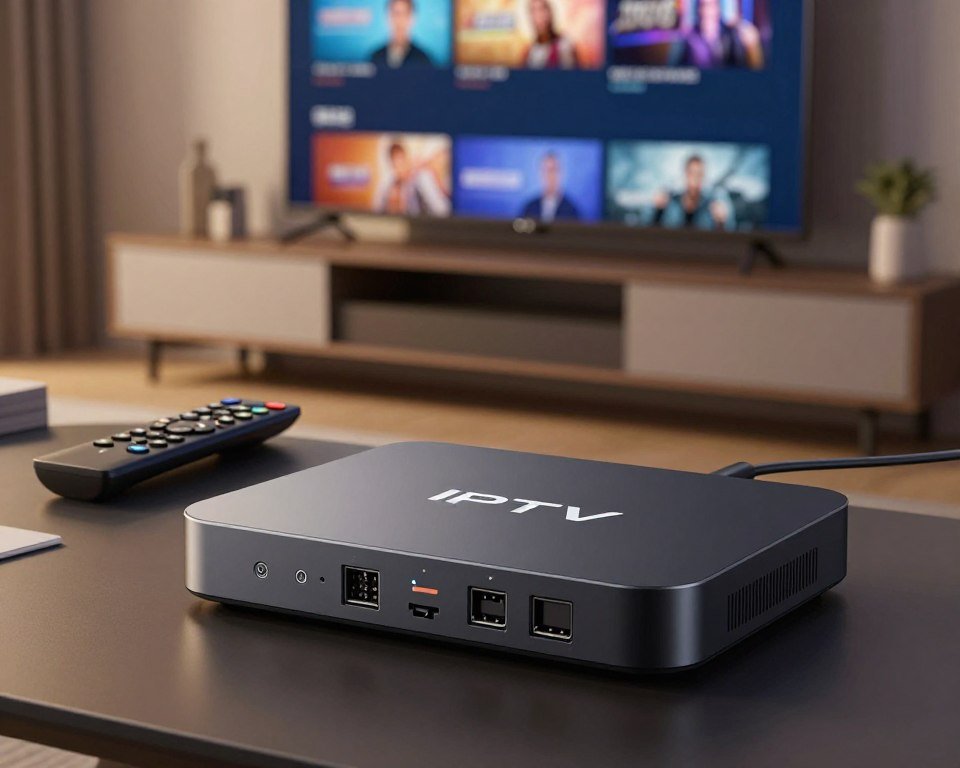 A sleek and modern IPTV streaming box, prominently displayed in the foreground, featuring various ports and connections illuminated subtlely by soft LED lights. The middle ground includes a stylish remote control, enhancing the user experience theme. In the background, a contemporary living room setting with muted colors, showcasing a large flat-screen TV streaming content, creating an inviting atmosphere. The composition captures a warm, cozy feeling, suggesting a perfect home entertainment scenario. The lighting is soft and even, focusing on the IPTV box, with a slight depth of field effect to blur the background slightly for emphasis. The overall mood is modern, tech-savvy, and welcoming, reflecting the functionality of IPTV devices in everyday life.