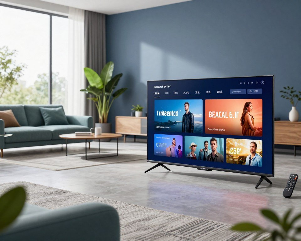 A sleek and modern living space showcasing IPTV technologies in action. In the foreground, a high-tech smart television displaying vibrant, clear streaming content, with a remote control nearby. The middle layer features a contemporary furniture arrangement with stylish seating, a subtle color palette of calming blues and greens, and plant decorations that enhance the indoor environment. In the background, large windows let in natural light, illuminating the space and creating a feeling of openness. The lighting is bright, emphasizing the advanced devices and clean lines of the furniture. The overall mood is innovative and fresh, conveying the integration of cutting-edge technology and a healthy indoor environment.