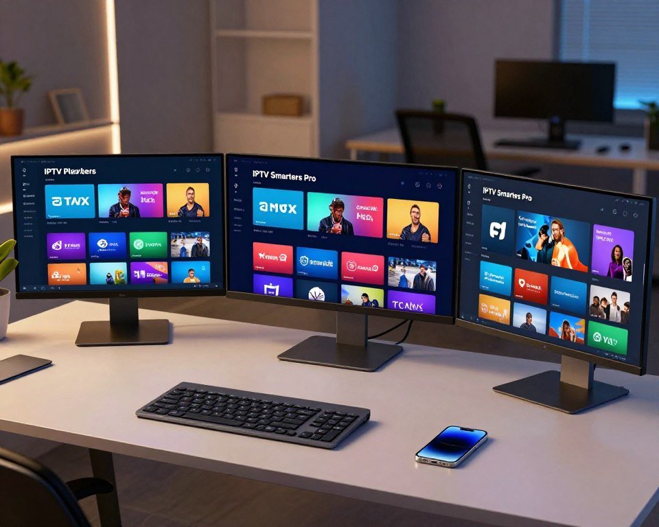 A sleek, modern digital workspace featuring a side-by-side comparison of IPTV players, specifically IPTV Smarters Pro and two other similar applications. In the foreground, three computer screens display each IPTV interface, showcasing their distinctive features and user interfaces in vibrant colors. The middle ground presents a clean, organized desk with stylish gadgets like a tablet and a smartphone, hinting at connectivity and streaming capabilities. In the background, a soft-focus view of a contemporary office space with muted lighting, conveying a professional and tech-savvy atmosphere. The image has a warm glow to evoke a feeling of innovation and efficiency, captured from a slightly elevated angle to provide a comprehensive view of the setup.