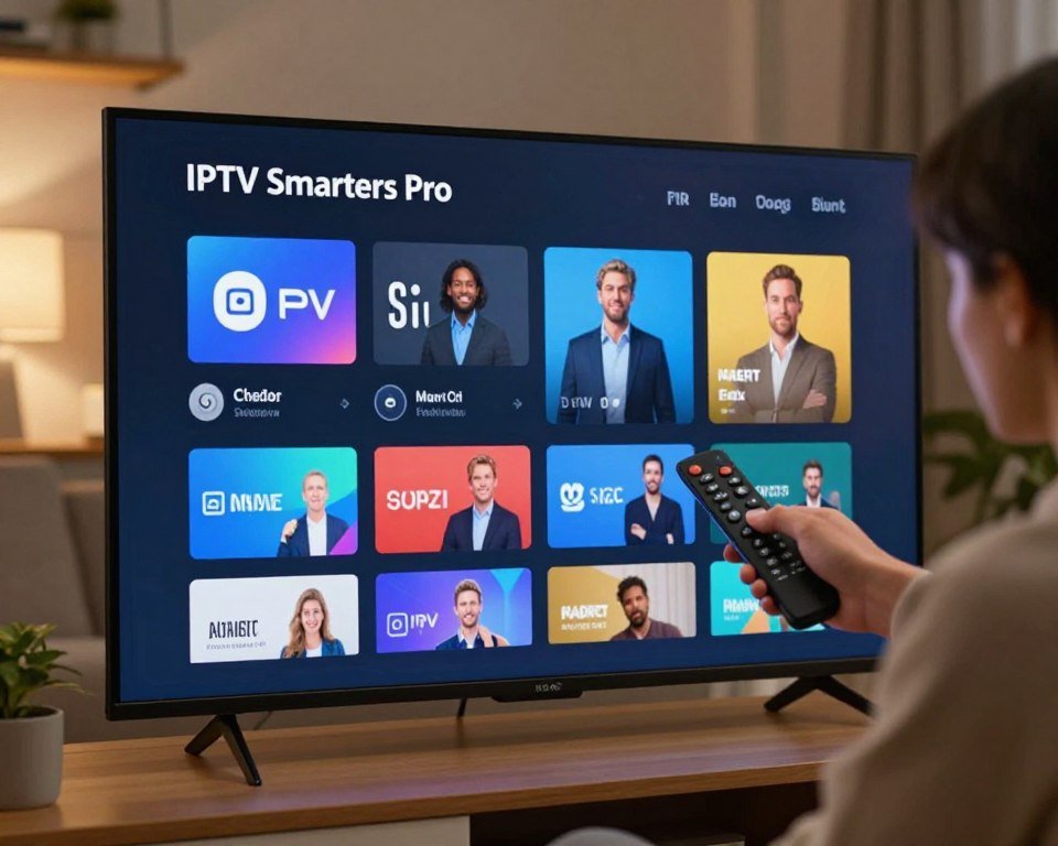 A sleek, modern interface displayed on a large, glowing screen, showcasing an intuitive navigation layout for IPTV Smarters Pro. In the foreground, the screen features vibrant icons for various channels and categories, arranged in a user-friendly grid. In the middle, a professional in business attire is interacting with the interface, demonstrating ease of use with a handheld remote. The background includes a cozy living room setting, softly lit with warm lighting to create an inviting atmosphere. A subtle focus blur emphasizes the interface while maintaining clarity on the user’s engagement. The overall mood is one of modern elegance and technological sophistication, embodying a seamless TV viewing experience.