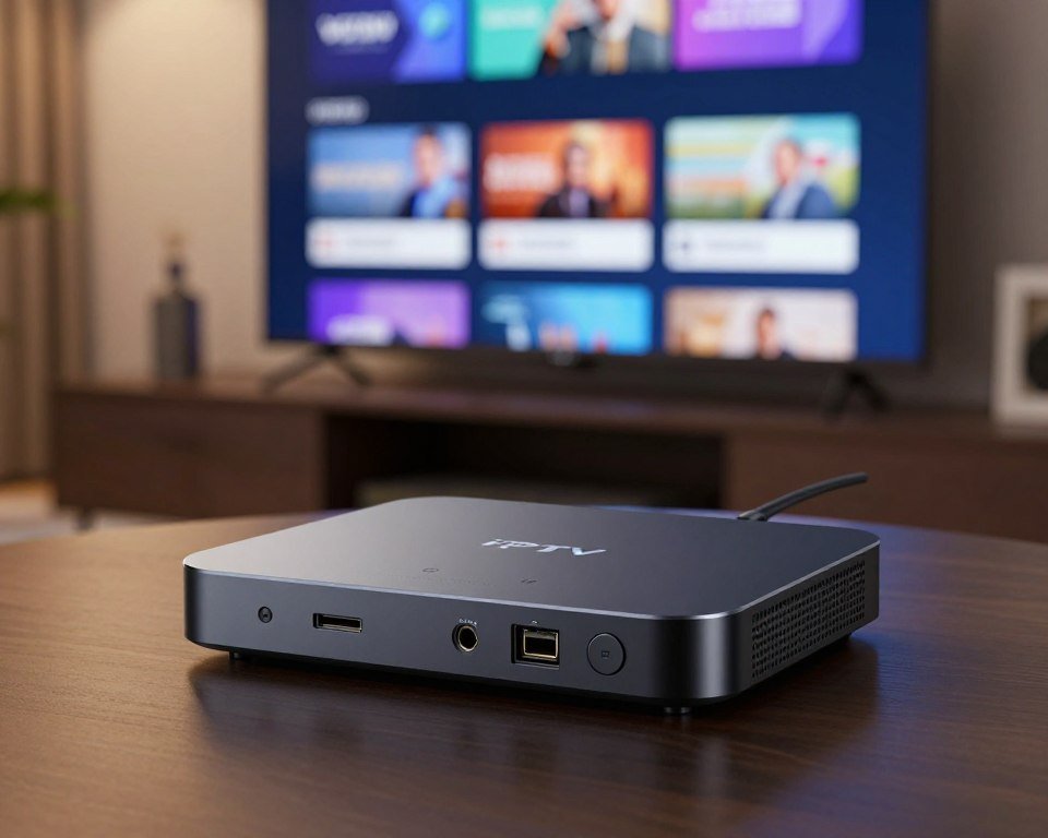 A sleek, modern streaming device prominently displayed in the foreground, showcasing its various ports and buttons, reflecting high-quality craftsmanship. The middle ground features a subtle background of a stylish living room setup, including a flat-screen TV displaying a vibrant streaming interface, hinting at IPTV content. Soft, ambient lighting casts gentle shadows, enhancing the sleek design of the device and the cozy atmosphere of the setting. A close-up angle captures the details of the boîtier, emphasizing its value and quality. The mood is inviting and tech-savvy, catering to potential buyers looking for the best quality-price ratio in streaming solutions. The overall composition should convey professionalism and suitability for a technology-focused audience.