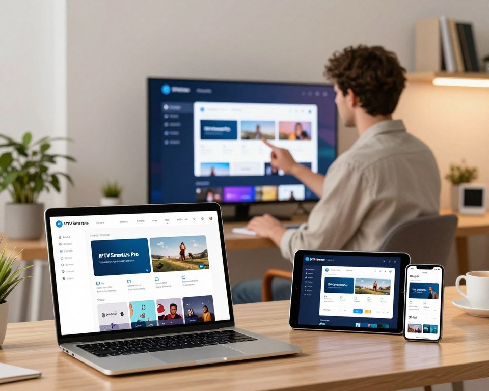 A sleek, modern workspace showcasing the installation of a multi-platform application. In the foreground, a laptop with an open screen displaying the IPTV Smarters Pro application interface, illustrating its user-friendly design. Beside it, a tablet and smartphone show the same app, highlighting compatibility across devices. The middle layer features a professional individual in smart casual attire, engaged while installing the app, with focus and determination. The background captures a stylish office environment with soft ambient lighting, a potted plant, and shelves holding tech books. The atmosphere is futuristic and innovative, emphasizing technology that enhances TV experiences. Utilize a bright and warm color palette to evoke a sense of excitement about streaming possibilities.