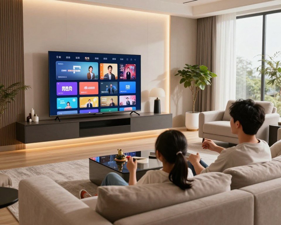 A stylish and modern living room setting, featuring an advanced smart TV displaying a vibrant streaming interface filled with channel options. In the foreground, a relaxed family sits comfortably on a plush sofa, engaged in watching content together, dressed in smart casual clothing. Soft, ambient lighting creates a cozy atmosphere, with warm hues illuminating the space. In the background, elegant decor enhances the premium feel of the environment, including sleek furniture and decorative plants. A large window allows natural light to filter in, accentuating the high-quality experience. The scene captures the essence of user-friendly technology and a premium viewing experience, emphasizing joy and connection through shared entertainment moments.