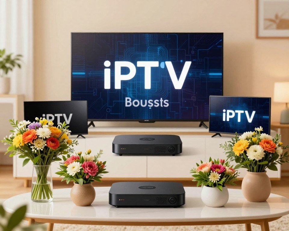 A vibrant and inviting scene showcasing an assortment of IPTV bouquets and services. In the foreground, an elegant table displays colorful bouquets in various sizes and shapes, featuring lush greenery and bright flowers, symbolizing the variety of IPTV services available. The middle ground features sleek digital devices like smart TVs and streaming boxes, artfully arranged with a backdrop of abstract digital patterns representing streaming technology. The background is softly blurred, simulating a cozy living room atmosphere with warm lighting that creates an inviting mood. The image should use a soft focus lens effect for a dreamy quality, capturing the essence of enjoying free online television. Ensure that no humans are present in the scene, providing a clean, professional feel.