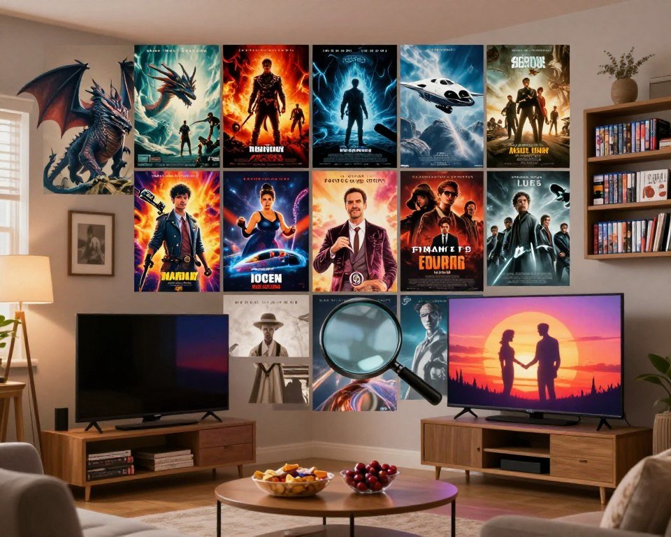 A vibrant digital collage showcasing a diverse range of film and TV genres, featuring iconic elements like a fantasy dragon, a sleek spaceship, a detective's magnifying glass, and a romantic sunset silhouette. In the foreground, display an inviting living room setup with a modern flat-screen TV and a coffee table adorned with snacks. The middle section should have a dynamic arrangement of colorful movie posters and series thumbnails, representing various genres like action, romance, and sci-fi. In the background, suggest a cozy atmosphere with soft ambient lighting and shelves filled with DVDs and books. The mood should be warm and engaging, inviting viewers to explore the world of diverse content available. Aim for a cinematic view, slightly angled to emphasize depth, with a focus on vibrancy and accessibility.