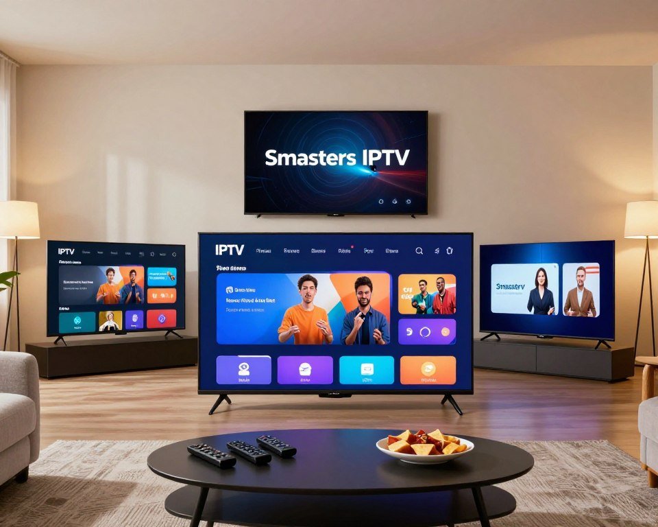 A visually engaging comparison of various IPTV applications, featuring a sleek, modern living room setting. In the foreground, a large flat-screen TV displays the Smarters IPTV interface, showcasing vibrant visuals with easy navigation. To the sides, two other popular IPTV applications are represented on smaller screens, with subtle differences highlighted in their layouts. The middle ground includes a stylish coffee table with remote controls and snacks, enhancing the casual viewing experience. The background features soft, inviting lighting emanating from wall-mounted lamps, giving a cozy yet modern atmosphere. A wide-angle lens captures the scene, emphasizing the sophistication of the IPTV solutions being compared. The mood is informative and relaxed, creating an inviting space for viewers to explore their options for IPTV services.
